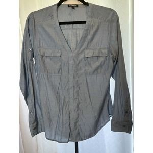 EXPRESS Blue Shirt Womens Medium Button Up Blouse Polka Dot Long Sleeve Blue